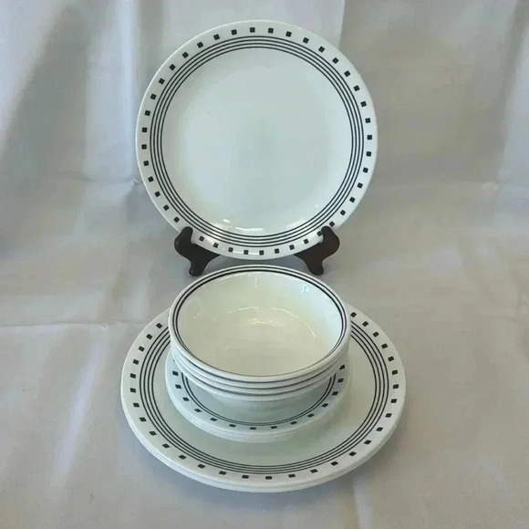 Corelle CITY BLOCK Dinnerware Set of 11 for 4, Modern MCM Black & White Dishes